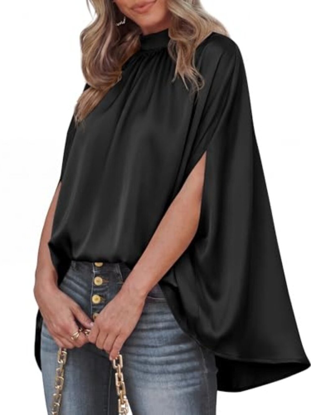 🆕 Womens Summer Tops Mock Neck Batwing Sleeve Shirts Loose High Low Hem
